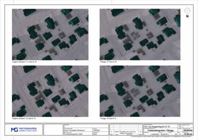 Sol- og skyggediagram som viser bygningenes plassering i forhold til sol og skygger på ulike tidspunkter.