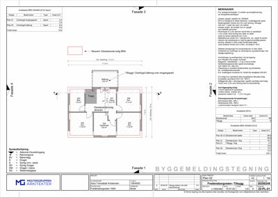 Fasadetegning for 'Fasade 3' som viser romfordeling, dører, vinduer og mål for etasjen.