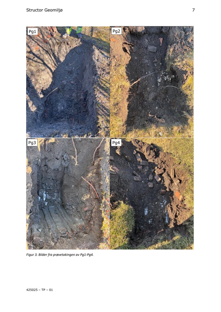Fotografier av utgravde prøvetakingsgraver (Pg1-Pg4) med synlig underlag og rester.