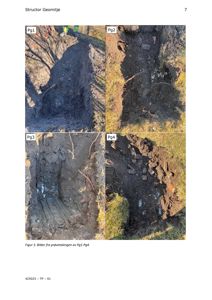 Fotografier av utgravde prøvetakingsgraver (Pg1-Pg4) med synlig underlag og rester.