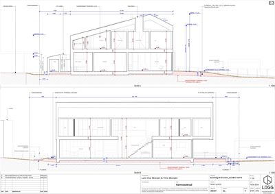 Snittegning (Snitt A og Snitt B) som viser bygningens tverrsnitt, høyder, trapp og grunnmur.