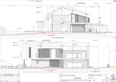 Tegning som viser fasadeopprikk (Snitt C / Fasade_Sør-Vest) med mål og detaljer for bygningens utside.