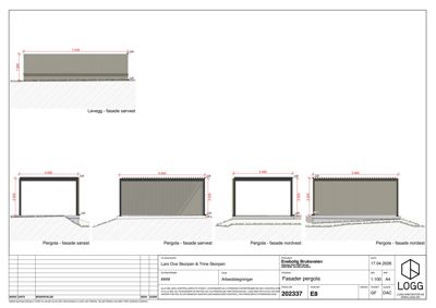Fasadetegning som viser detaljer for en levegge og en pergola sett fra ulike vinkler (sørøst, sørvest, nordvest, nordøst).