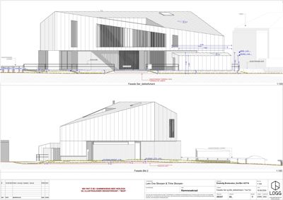 Fasadetegning som viser bygningens utseende fra to ulike vinkler (sør-vest og øst).