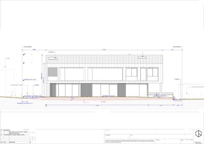 Fasadetegning (opprikk) av bygning sett fra nord/vest, med angitte mål og høyder.