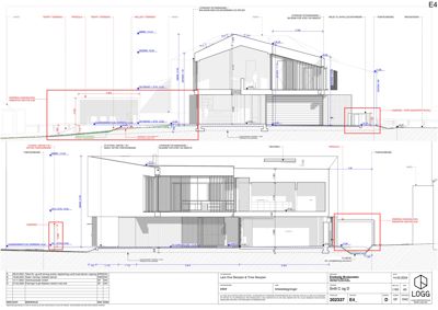 Snittegning som viser bygningens tverrsnitt, høyder, takform og grunnmur.