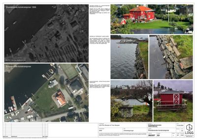 Et sammensatt bilde (collage) som viser eksisterende bygninger og omgivelser, inkludert et flyfoto, en satellittbilde, og flere foton av en rød hytte, en steinmur og en liten uthus.