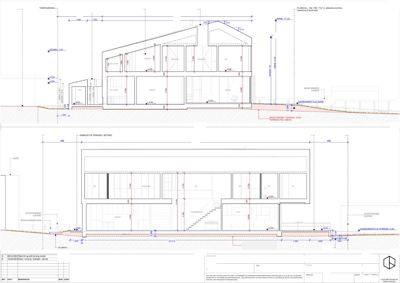 Snittegning (Snitt A og Snitt B) som viser bygningens tverrsnitt, høyder, trapp og grunnmur.