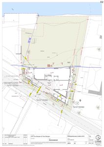 Situasjonsplan som viser tomtens grenser, nabobebyggelse, veier, og planlagt byggefelt med angitte mål og avstander.