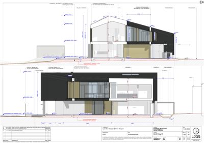 Snittegning som viser bygningens tverrsnitt, høyder, takform og innvendig romfordeling.
