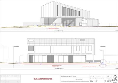 Fasadetegning som viser bygningens utseende fra to sider (Sør/Vest og Nord/Vest) med detaljer om vinduer, materialer og terrengforhold.