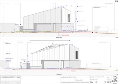Fasadetegning (opprikk) av bygningen sett fra nord og øst, med detaljerte mål og høyder.