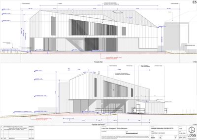 Fasadetegning som viser bygningens utseende fra sør og vest, inkludert mål, terrenghøyder og konstruksjonsdetaljer.