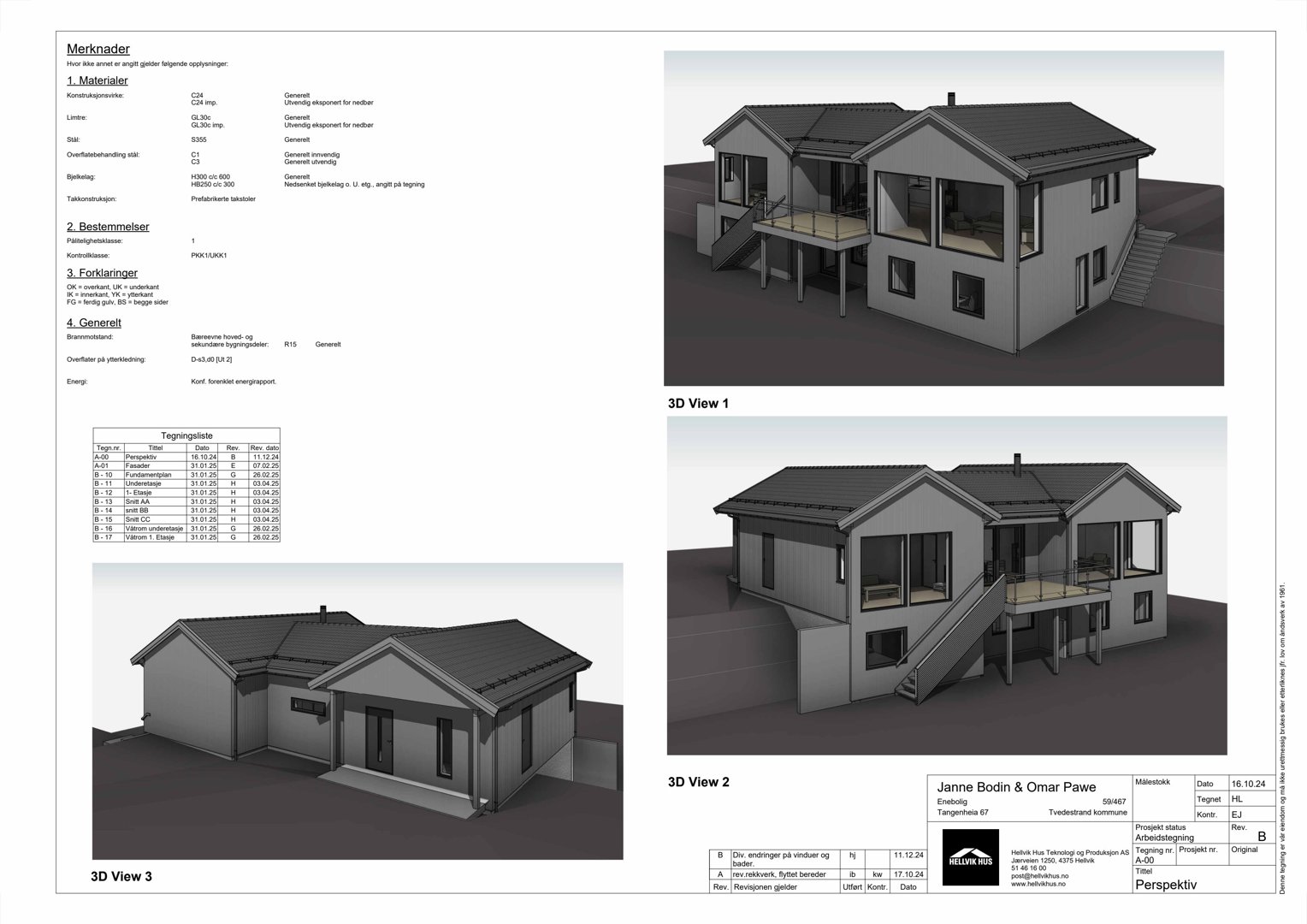 Tre 3D-perspektivtegninger (renderinger) av en planlagt bolig, vist fra ulike vinkler.