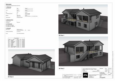 Tre 3D-perspektivtegninger (renderinger) av en planlagt bolig, vist fra ulike vinkler.