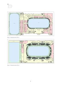 Bildet viser to etasjeplaner (Figur 2 og 3) for en idrettshall eller arena. Planene illustrerer romfordeling, plassering av tribuner, baner og tekniske rom, samt temperatursoner.