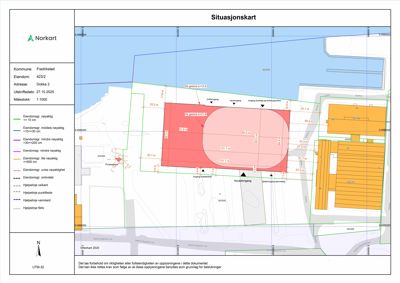 Situasjonskart som viser eiendomsområde, naboeiendommer, veier og eiendomsareal.