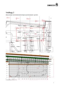 Situasjonsplan som viser eksisterende borer og konstruksjoner i grunnen i forhold til ca. omriss Arena Fredrikstad.