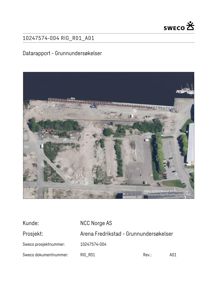 Flyfoto eller satellittbilde av et område (Arena Fredrikstad) inkludert vann, vei og parkeringsplasser.