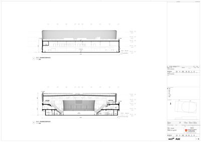 Snittegning (rammesnitt) som viser bygningens tverrsnitt, høyder, etasjer og konstruksjon.