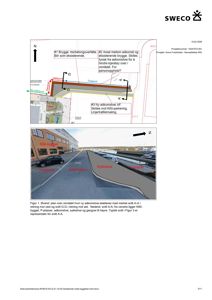 Bildet viser en planleggingstegning (øverst) og et snitt (nederst) av et område med ny adkomstvei, brygge og parkering.