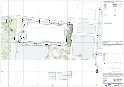 Situasjonsplan som viser tomtens grenser, nabobebyggelse, vegforhold, og planlagt beplantning/landskap.