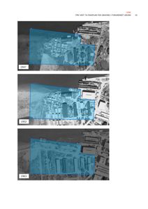 Bildet viser en historisk flyfoto-oversikt over et område med bygninger, presentert i tre tidspunkt (1947, 1952, 1963) med overlagte blå polygoner som markerer et spesifikt område.
