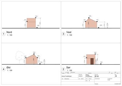 Fasadetegning som viser bygningens utseende fra fire sider (Nord, Sør, Øst, Vest) med høydemål og skala 1:100.