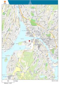 Kart over Trondheim sentrum med en markert plassering (rød prikk) ved Sætre Nøtterøy vei.