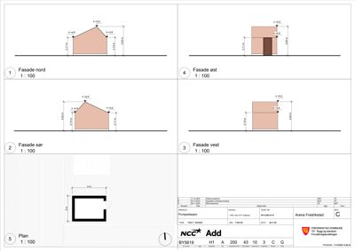 Fasadetegninger for en bygning (nord, øst, sør, vest) og en etasjeplan.