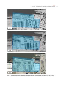 Bildet viser en sammenligning av tre flyfotografier (fra 1978, 1988 og 2019) av et område, med overlappende blå polygoner som markerer et tiltaksområde.