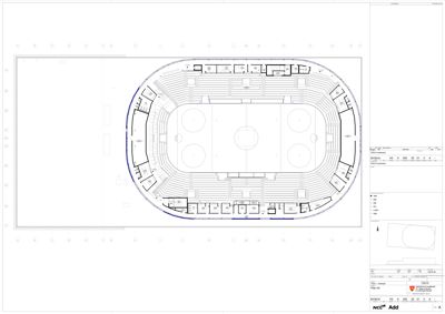Etasjeplan for en idrettshall eller arena som viser plassering av tribuner, baner og rom.