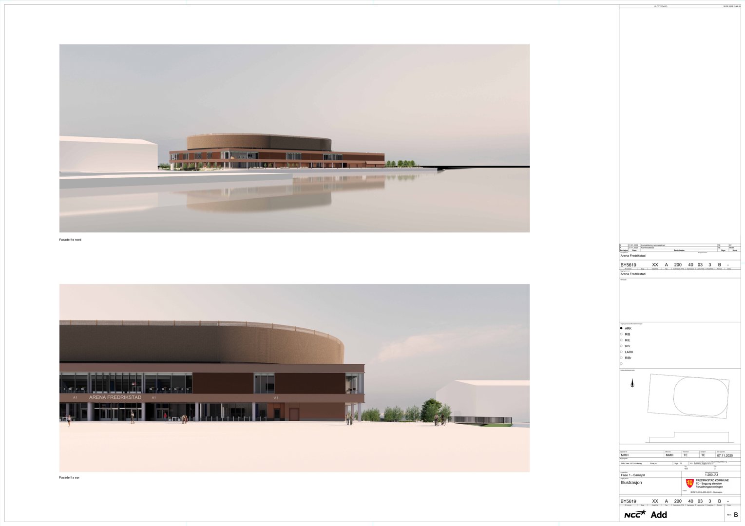 3D-visualisering (rendering) av en bygning sett fra to ulike vinkler. Bildene viser fasade, materialvalg og omgivelser.