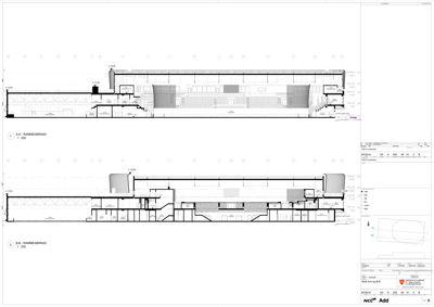 Snittegning (A-A og B-B) som viser tverrsnitt gjennom bygningen med romfordeling, høyder og konstruksjonsdetaljer.