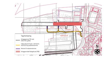 Situasjonsplan som viser eiendomsgranser, felles adkomstveier og anleggsområde for en byggesak.