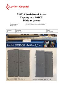 Fotografier av prøver (grå, rektangulære materialer) tatt fra en byggeplass eller laboratorie, med merking av prøvested (SW106B) og diameter (ødo).