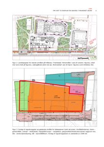 Bildet viser to planer: øverst en landskapsplan med bygninger og grøntarealer, og nederst en reguleringsplan med fargekodet arealbruk (grønn, oransje, rosa, lilla) og en tykk rød strek som markerer et tiltaksområde.