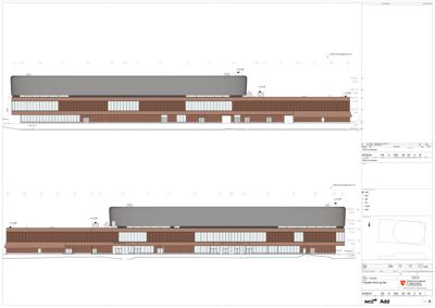 Fasadetegning som viser bygningens utsyn fra nord og sør med oppriss, høyder og vindusfordeling.