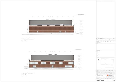 Fasadetegning som viser bygningens utseende fra vest og øst, inkludert detaljer om vinduer, materialer og høyder.