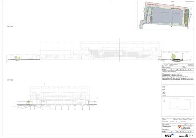 Tegning som viser tverrsnitt gjennom en bygning (Snitt A-A og Snitt B-B) med detaljer om konstruksjon og høyder.