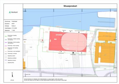 Situasjonskart som viser eiendomsområder, bygninger, veier og målestokk for eiendommen Diokka 2 i Fredrikstad.