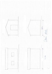 Håndtegnet fasadetegning på miller-papir som viser utsiden av en bygning sett fra fire sider (vest, øst, sør, nord).