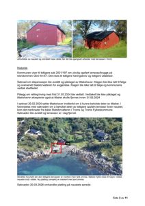 Bildet inneholder to arkivbilder av en rød hytte og et skråfoto fra 2020 som viser eiendommen med terrassen markert.