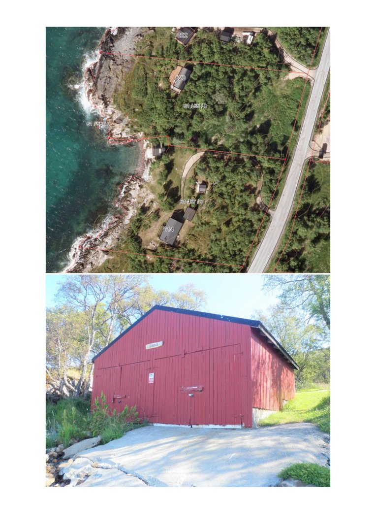 Bildet viser en collage med to bilder: øverst et flyfoto over et kystområde med eiendomsinndelinger, og nederst et fotografi av en rød bygning.