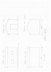 Håndtegnet fasadetegning på miller-papir som viser utsiden av en bygning sett fra fire sider (vest, øst, sør, nord).