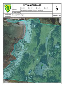 Situasjonskart som viser eiendomsnummer, adresse, bygningers plassering i forhold til terrenget og nabolag.