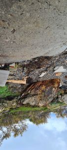 Fotografi av et kystlandskap med stein, vegetasjon og en del av en betongkonstruksjon i forgrunnen.