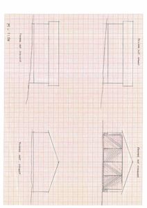 Håndtegnet fasadetegning som viser bygningens utseende fra flere vinkler (for, bak, venstre og høyre side).