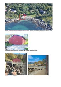 En samling bilder (skråfoto, arkivfoto og befaring) som viser et eksisterende naust og terrassetomte ved kysten.