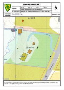 Situasjonskart som viser eiendomsgrenser, topografi og bygningsplassering for eiendommen på Børkenes.